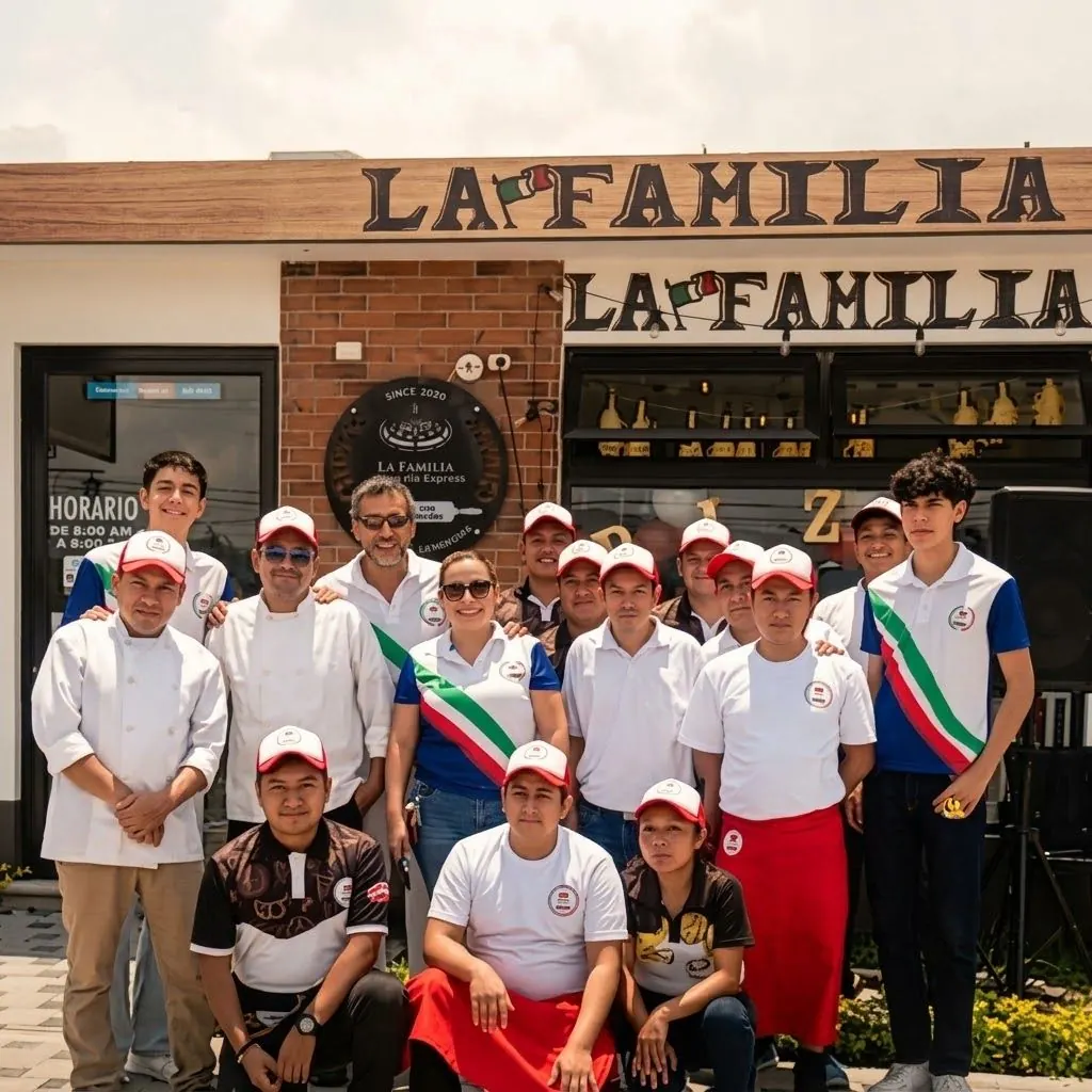 El equipo de La Familia frente al local