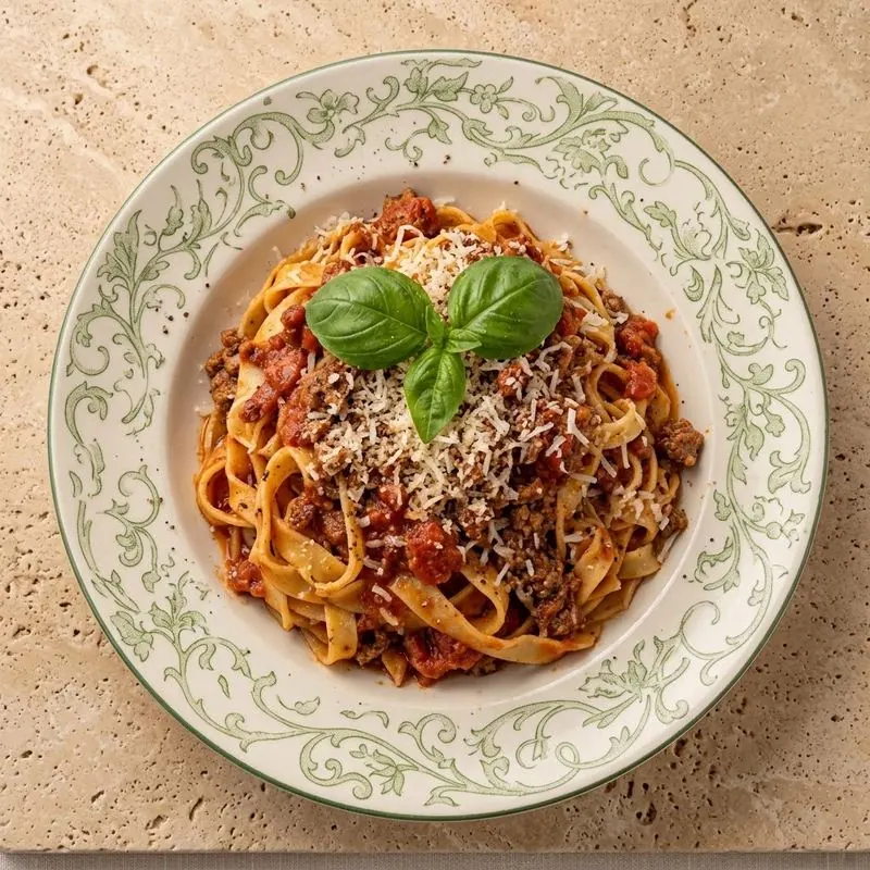 Fettuccine a la boloñesa con parmesano y albahaca