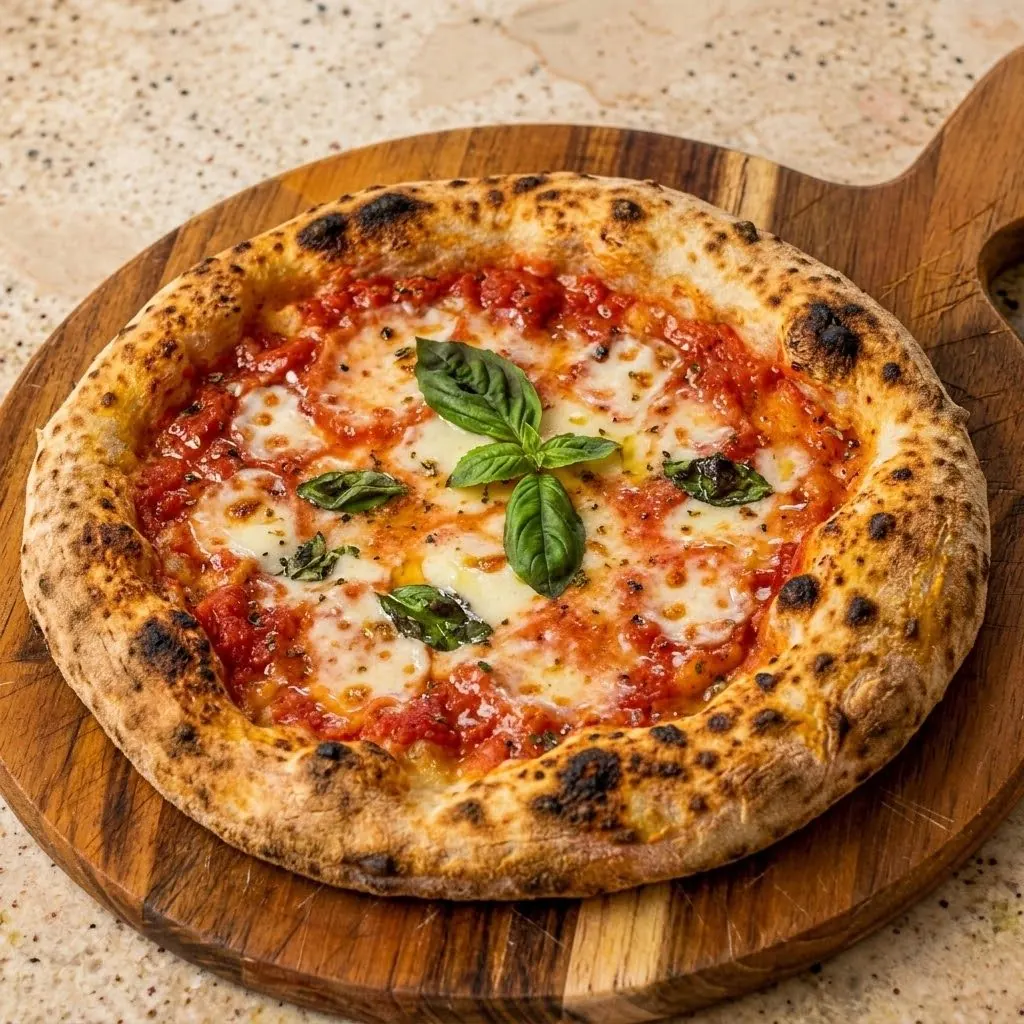 Pizza Margherita de masa madre con bordes tostados al horno de leña