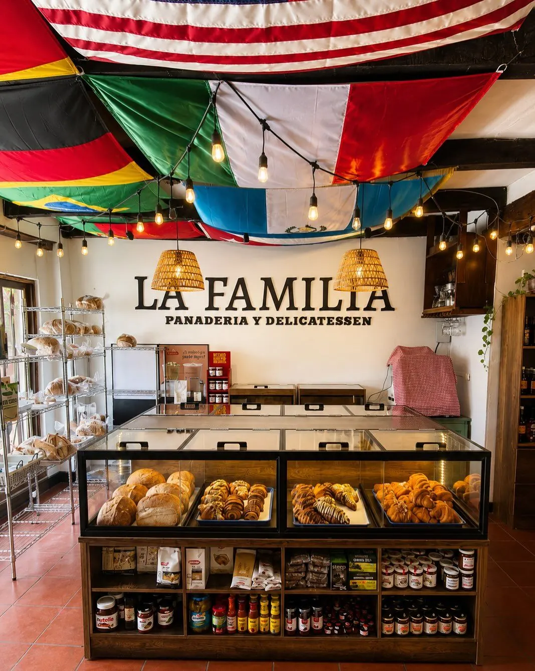 Interior de La Familia Panadería y Delicatessen con vitrina de pan y banderas del mundo en el techo